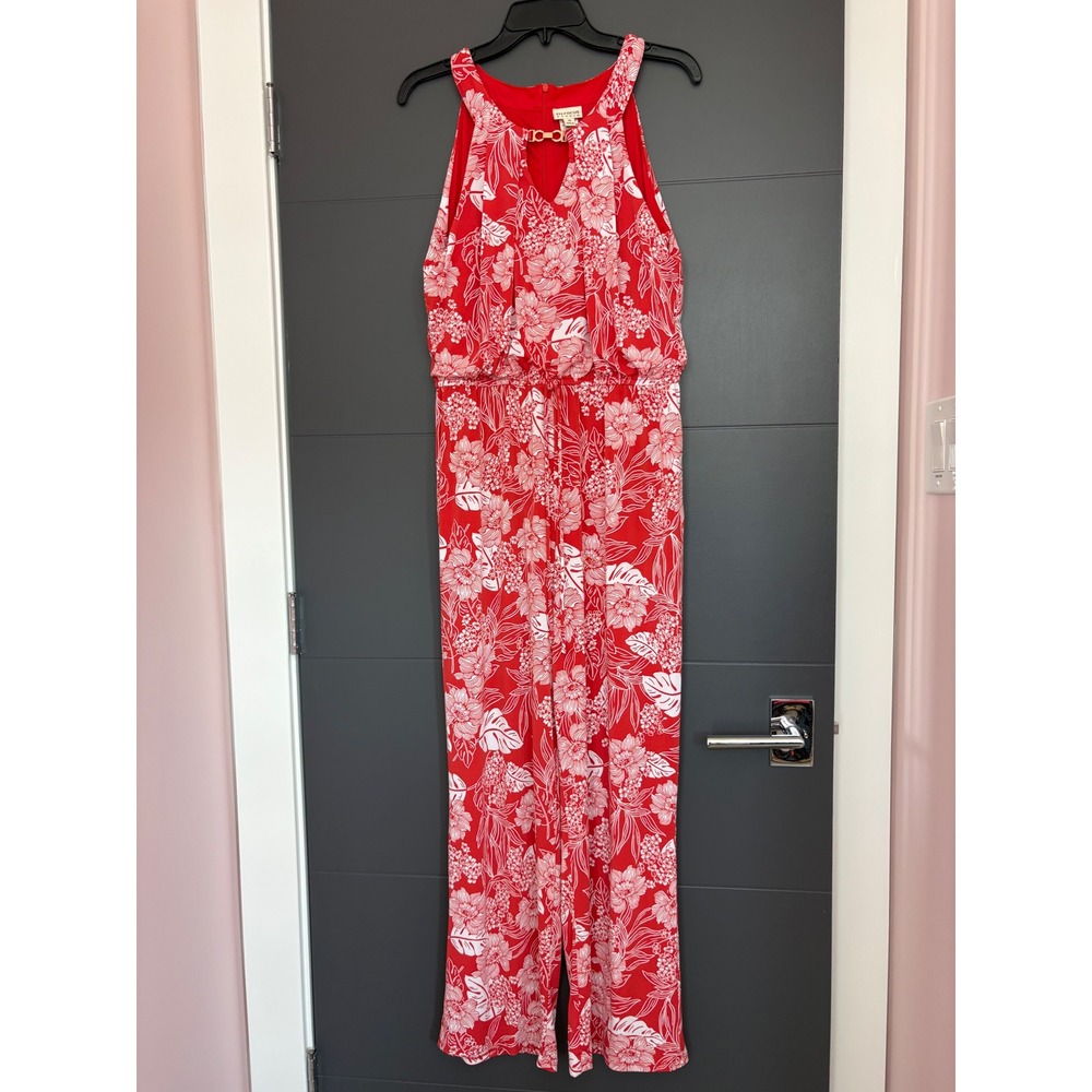 En Focus Studio Womens Coral
White Floral Sleeveless Wide Leg Jumpsuit Size 14